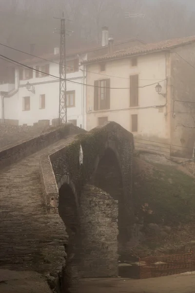 Mlhavý Pohled Středověký Most Několik Domů Malém Městečku — Stock fotografie