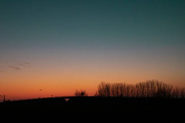 Paysage Montrant Silhouette Une Ligne Arbres Avec Gradient Couleur Coucher — Photo