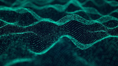Soyut dijital arkaplan. Müzik yeşil dalga arka planı. Büyük veri görselleştirmesi. 3D görüntüleme. Hareket eden noktalarla İletişim ve Teknoloji Ağı