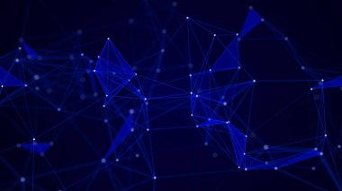 Noktaları ve çizgileri birleştiren soyut bir kompozisyon. Mavi arka plan. Pleksus etkisi.