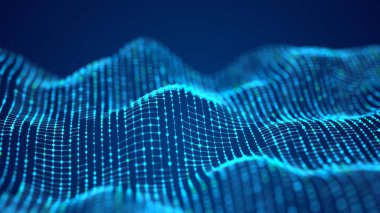 Soyut dijital arkaplan. Müzik mavi dalga arkaplanı. Büyük veri görselleştirmesi. 3D görüntüleme. Hareket eden noktalarla İletişim ve Teknoloji Ağı
