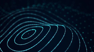 Soyut dijital dalga. Arka planda mavi dairesel şekil. Gelecekçi nokta dalgası. Büyük veri. 3 boyutlu görüntüleme. Küre açı görünümü