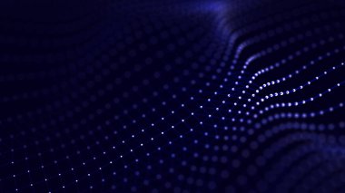 Karanlık arka planda pürüzsüz dalga. Bağlantı noktaları ve çizgiler. Soyut arkaplan. Şifreli. Tehnoloji çizimi. 3D görüntüleme. Web sitesi tasarımı için arka plan. Minimalist stil.