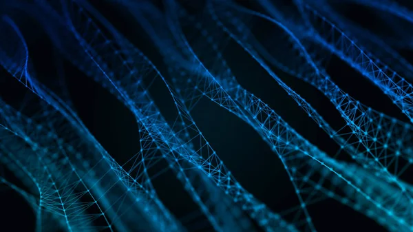 DNA 'lı moleküler arka plan. 3D görüntüleme. Gradyan noktalar ve çizgiler içeren gelecekçi bilim kurgu kullanıcı arayüzü kavramı. Büyük veri.