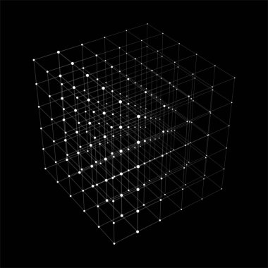Küp ile soyut arkaplan. Vektör çizimi. Noktalı ve çizgili teknoloji şekli. Fütürist bir kavram. Bakış açısı. Geometrik şekil. 3 boyutlu küp simgesi. İllüzyon formu. Izgara yapısı.