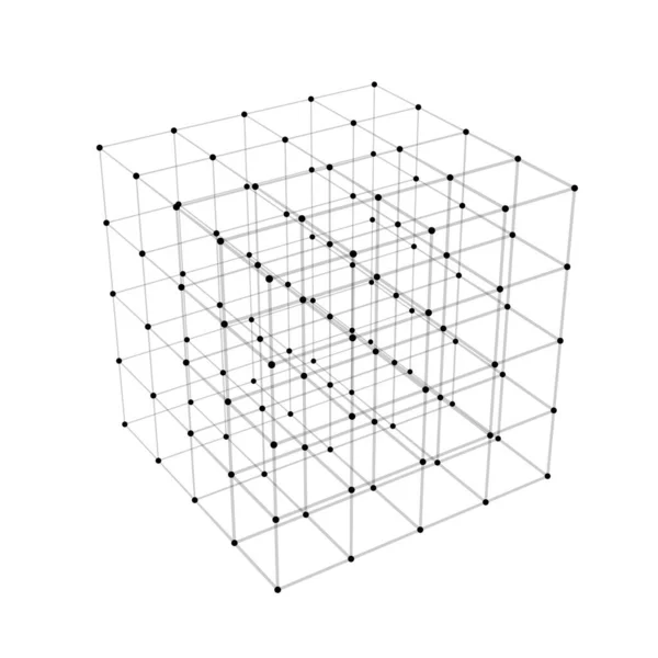 Abstrakcyjny sześcian kropek na ciemnym tle. Cząsteczki. Ilustracja 3D wektora. Koncepcja globalnej sieci. Ikona dużych zbiorów danych. — Wektor stockowy