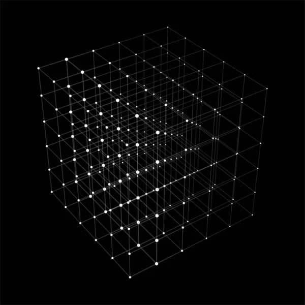 立方体の抽象的な背景。ベクトルイラスト。線とドットでテクノロジーの形。未来的概念。遠近法だ。幾何学的形状。3Dキューブのアイコン。幻想的な形。グリッド構造. — ストックベクタ