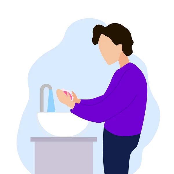 Rapaz lava as mãos. Ilustração vetorial. Saúde. Prevenção de vírus. —  Vetores de Stock
