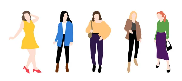 Five women vector set. Stylish girls dressed in trendy clothes. Friends. Group of famale. — Stock Vector