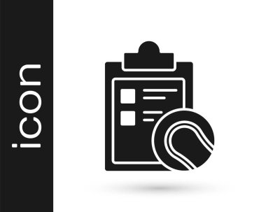 Gri Kontrol Listesi panosu ve tenis topu simgesi beyaz arka planda izole edildi. Spor malzemeleri. Vektör İllüstrasyonu