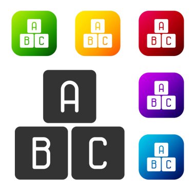 Siyah ABC blok simgesi beyaz arkaplanda izole edildi. A, B, C harfli alfabe küpleri. Renkli kare düğmelerle simgeleri ayarla. Vektör İllüstrasyonu