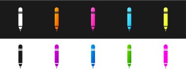 Siyah ve beyaz arkaplanda izole edilmiş silgi simgesine sahip kalem ayarla. Çizim ve eğitim araçları. Okul sembolü. Vektör İllüstrasyonu