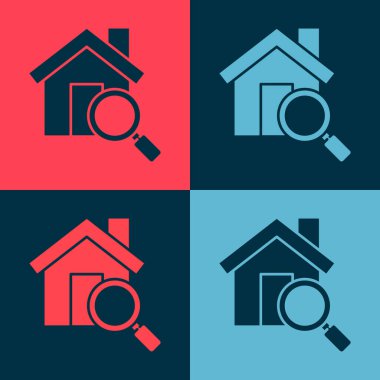 Pop Art Arama Evi simgesi renk arkaplanda izole edildi. Büyüteç altındaki bir evin emlak sembolü. Vektör İllüstrasyonu