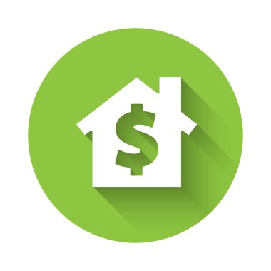 Dolar sembolü olan Beyaz Saray, uzun gölgeli izole edilmiş. Ev ve para. Emlak konsepti. Yeşil daire düğmesi. Vektör İllüstrasyonu