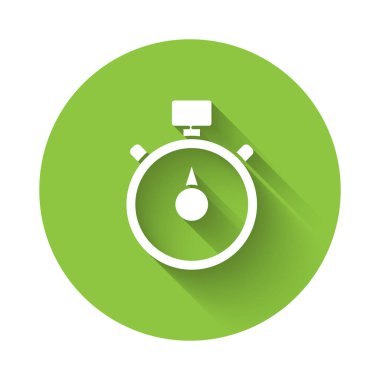 White Stopwatch icon isolated with long shadow. Time timer sign. Chronometer sign. Green circle button. Vector Illustration clipart