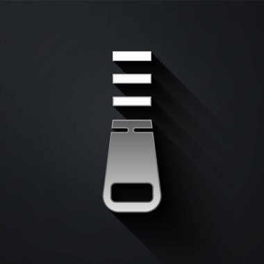 Gümüş fermuar simgesi siyah arkaplanda izole edilmiş. Uzun gölge tarzı. Vektör İllüstrasyonu