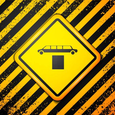 Sarı arka planda siyah lüks limuzin ve halı ikonu var. Dünya prömiyeri ünlüleri ve konuk posterleri için. Uyarı işareti. Vektör İllüstrasyonu