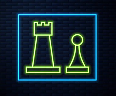 Parlayan neon hattı satranç ikonu tuğla duvar arka planında izole edildi. İş stratejisi. Oyun, yönetim, finans. Vektör İllüstrasyonu