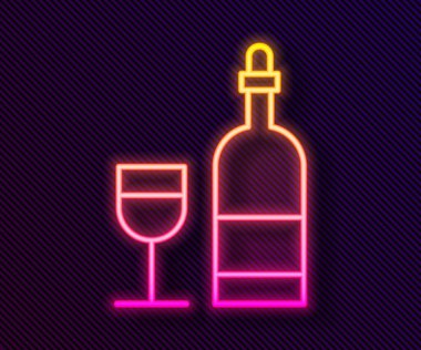 Siyah zemin üzerinde cam ikon bulunan parlak neon çizgili şarap şişesi. Vektör İllüstrasyonu