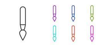 Beyaz arkaplanda siyah çizgi boya fırçası simgesi izole edildi. Simgeleri renklendirin. Vektör İllüstrasyonu