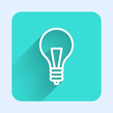 Fikir ikonu kavramına sahip beyaz çizgi lambası uzun gölgeli izole edilmiş. Enerji ve fikir sembolü. İlham konsepti. Yeşil kare düğmesi. Vektör İllüstrasyonu