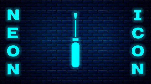 Glödande Neon Skruvmejsel Ikon Isolerad Tegelvägg Bakgrund Symbol För Service — Stock vektor