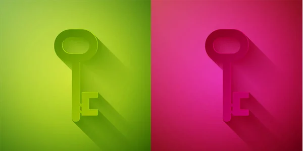 Papiergeschnittenes Haus Schlüsselsymbol Isoliert Auf Grünem Und Rosa Hintergrund Papierkunst — Stockvektor