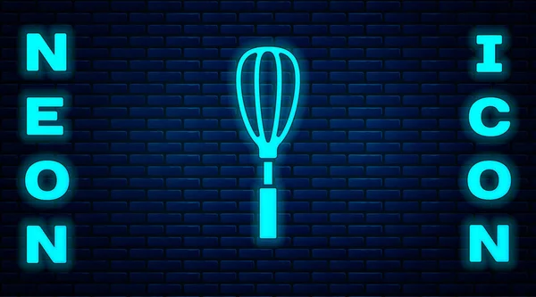 Leuchtende Neon Küchenbesen Symbol Isoliert Auf Backsteinwand Hintergrund Kochgeschirr Eierbecher — Stockvektor