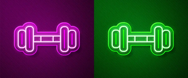 ネオンラインの輝き紫と緑の背景に隔離されたダンベルアイコン 筋肉のリフティングアイコン フィットネスバー スポーツ用品 運動のバンベル ベクターイラスト — ストックベクタ
