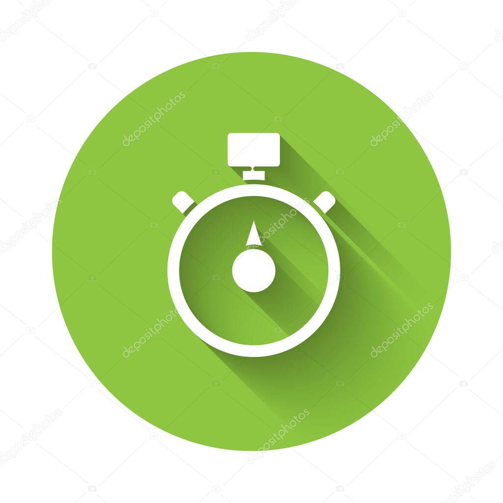 White Stopwatch icon isolated with long shadow. Time timer sign. Chronometer sign. Green circle button. Vector Illustration