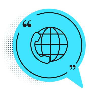 Siyah Hat Telefon, beyaz arka planda 24 saatlik destek ikonu izole edildi. Tüm gün müşteri destek merkezi. Tam zamanlı çağrı servisi. Mavi konuşma balonu sembolü. Vektör İllüstrasyonu