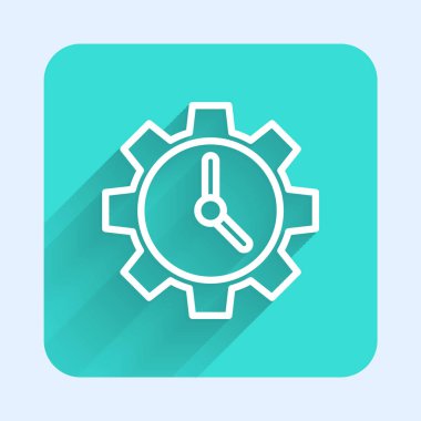 Beyaz çizgi Zaman Yönetimi simgesi uzun gölgeli izole edildi. Saat ve vites tabelası. Üretkenlik sembolü. Yeşil kare düğmesi. Vektör İllüstrasyonu