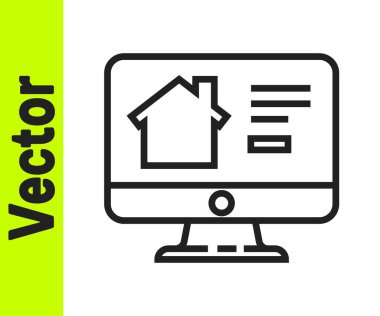 Siyah Hat Çevrimiçi emlak evi beyaz arka planda izole edilmiş monitör ikonu. Ev kredisi konsepti, kira, satın alma, mülk alma. Vektör İllüstrasyonu