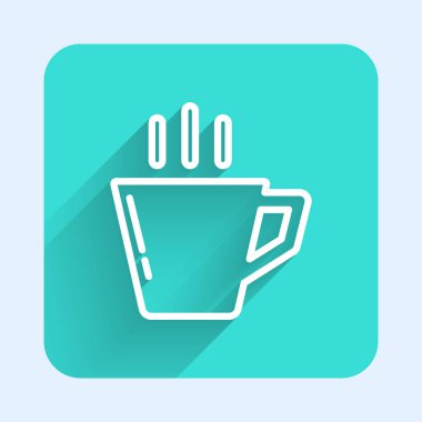 Beyaz çizgi kahve fincanı ikonu uzun gölgeli. Çay fincanı. Sıcak içecek kahvesi. Yeşil kare düğmesi. Vektör İllüstrasyonu