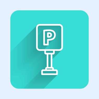 Beyaz çizgi park simgesi uzun gölgeyle izole edildi. Sokak tabelası. Yeşil kare düğmesi. Vektör İllüstrasyonu