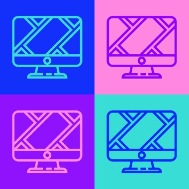 Pop sanat hattı bilgisayar monitörü ve katlanmış harita renk arkaplanında izole edilmiş konum imleci simgesi. Vektör İllüstrasyonu