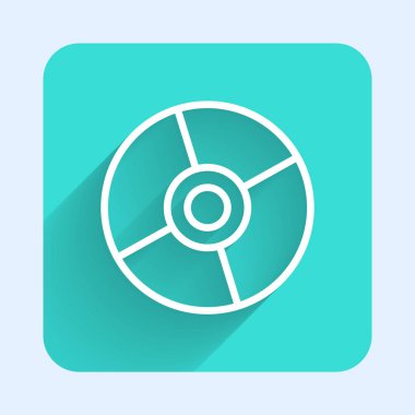 Uzun gölgeli beyaz çizgi CD veya DVD disk simgesi. Küçük disk işareti. Yeşil kare düğmesi. Vektör İllüstrasyonu
