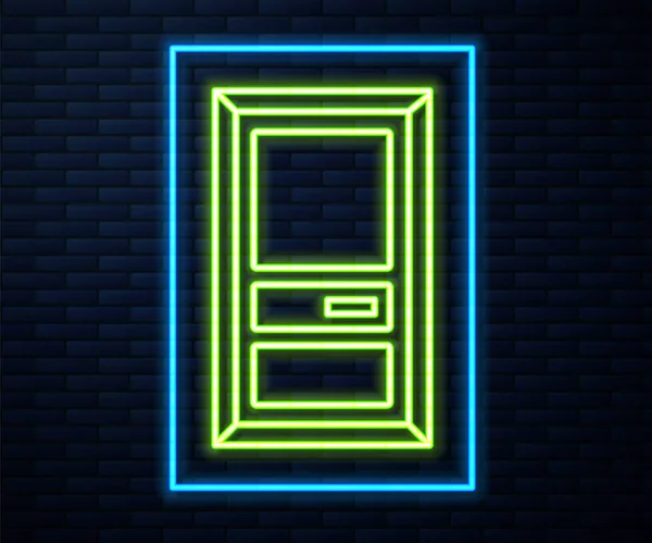 Glowing Neon Line Closed Door Icon Isolated Brick Wall Background — Stock Vector