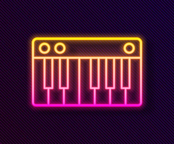 Gloeiende Neon Lijn Muziek Synthesizer Pictogram Geïsoleerd Zwarte Achtergrond Elektronische — Stockvector
