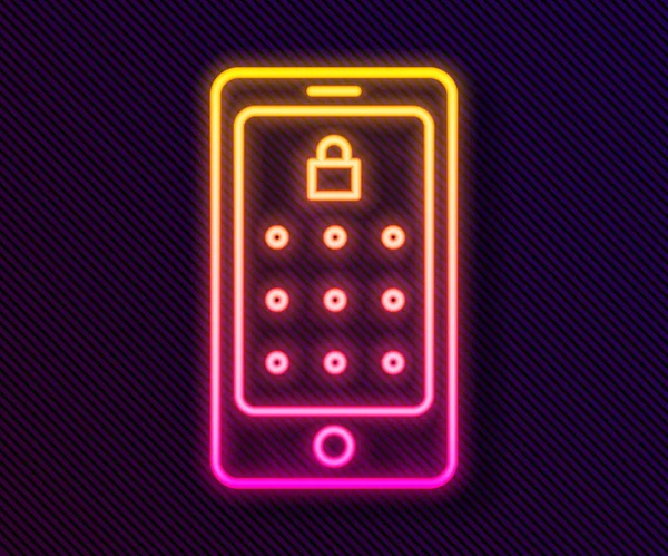 Glödande Neon Line Mobiltelefon Och Grafiskt Lösenord Skydd Ikon Isolerad — Stock vektor