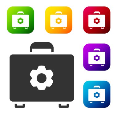 Beyaz arkaplanda siyah Araç Kutusu simgesi izole edildi. Alet kutusu tabelası. Renkli kare düğmelerle simgeleri ayarla. Vektör İllüstrasyonu