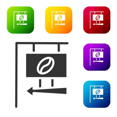 Beyaz arka planda siyah sokak tabelalı kahve ikonu var. Renkli kare düğmelerle simgeleri ayarla. Vektör İllüstrasyonu