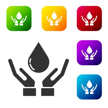 Beyaz arka planda sabun ikonu olan siyah yıkama elleri. Virüs ve bakterileri önlemek için ellerini sabunla yıkıyorsun. Renkli kare düğmelerle simgeleri ayarla. Vektör İllüstrasyonu