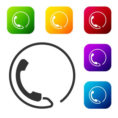 Siyah Telefon, beyaz arkaplanda 24 saat boyunca izole edilmiş destek ikonu. Tüm gün müşteri destek merkezi. Tam zamanlı çağrı servisi. Renkli kare düğmelerle simgeleri ayarla. Vektör İllüstrasyonu