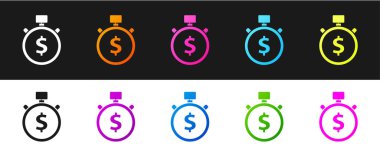 Set Time, siyah ve beyaz arkaplanda izole edilmiş para simgesidir. Para zamandır. Etkili zaman yönetimi. Zamanı paraya çevir. Kronometre. Vektör İllüstrasyonu