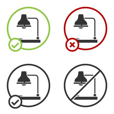 Beyaz arkaplanda siyah masa lambası simgesi izole edildi. Ofis lambası. Çember düğmesi. Vektör İllüstrasyonu
