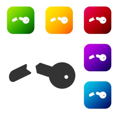 Siyah Kırık anahtar simgesi beyaz arkaplanda izole edildi. Renkli kare düğmelerle simgeleri ayarla. Vektör İllüstrasyonu