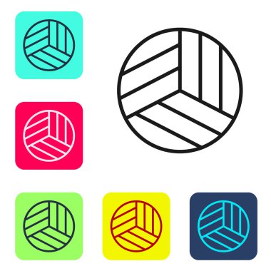 Siyah çizgi voleybol ikonu beyaz arka planda izole edildi. Spor malzemeleri. Renkli kare düğmelerle simgeleri ayarla. Vektör İllüstrasyonu