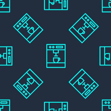 Yeşil çizgi kahve makinesi ikonu mavi arka planda kusursuz desen izole etti. Vektör İllüstrasyonu