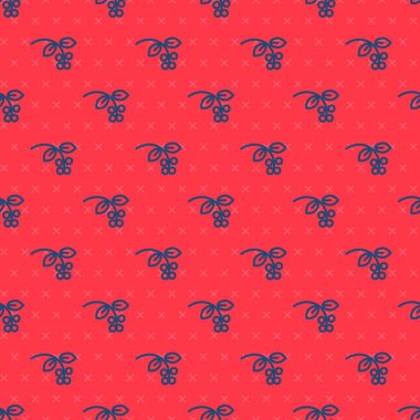 Mavi çizgi kahve çekirdeği, yapraklı ve dut ikonlu dal kırmızı arka planda izole edilmiş. Yapraklı bitki, dut, meyve, tohum. Vektör İllüstrasyonu